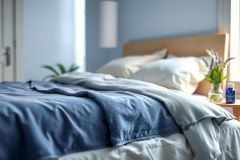 Cozy bedroom scene featuring a blue linen bedspread, white pillows, and a vase of flowers on a nightstand. Relaxing atmosphere with natural light and a minimalist aesthetic.