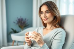 Woman relaxing at home with a warm beverage. She's seated in a comfortable gray chair, bathed in soft, natural light. The room features a calming blue accent wall and floral decor, creating a peaceful, cozy atmosphere. Lifestyle portrait, wellness, and relaxation themes.