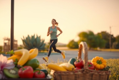 The image shows a woman in the midst of running. She is dressed in athletic attire, including shorts and a tank top, suggesting she might be exercising or participating in a sport. 