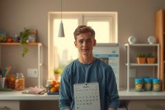 A young man stands in a kitchen, holding up a calendar. He is smiling and appears to be in front of a window. The kitchen has shelves with various items and there are fruits on the counter.