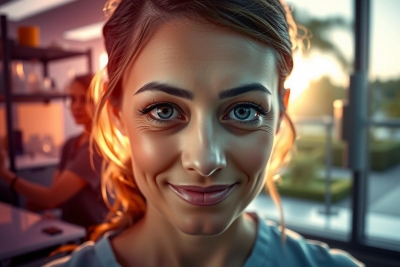 The image depicts a woman in an indoor setting. She is smiling and looking directly at the camera with her head slightly tilted to one side. The environment suggests a warm atmosphere with soft lighting that could be evening time given the golden hue on her skin.