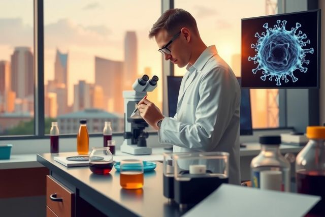 The image depicts a laboratory setting with scientific equipment and chemicals. A man is seen working at a lab bench, wearing a white coat indicative of a scientist or researcher. He appears to be examining samples under a microscope.