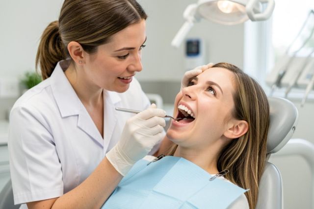 Dentist in gloves examining a young patient's teeth in a dental chair, discussing treatment options.