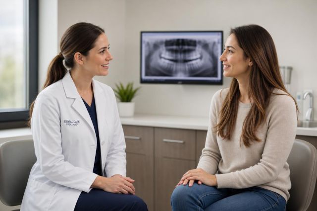Dentist discussing dental symptoms with patient in exam room, panoramic X-ray visible behind.