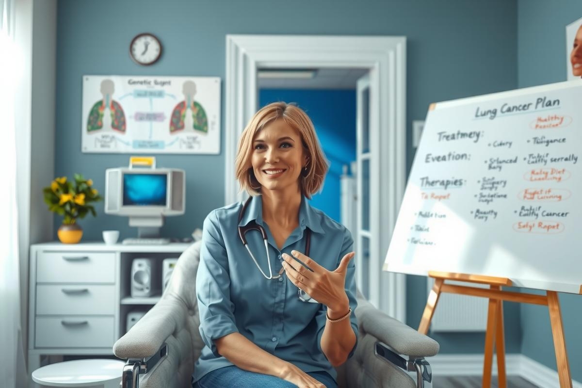The image shows a woman in a professional setting, possibly an office or classroom. She is sitting on the left side of a desk and appears to be engaged in a conversation or presentation. The room has a modern design with a minimalist aesthetic, featuring light-colored walls and furniture.
