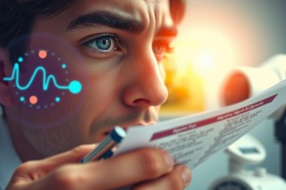 In the image, there is a young man focused on reading some papers. His expression is intense, suggesting he's deeply engaged in the content of the documents. The environment appears to be an office or study setting with bright lighting, enhancing the seriousness and concentration of the scene.