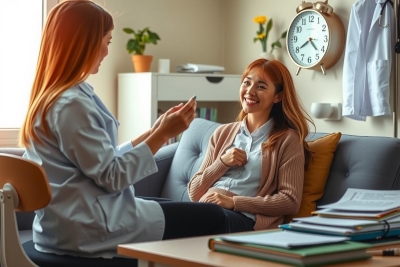 Two women in a cozy living room, one sitting on the couch while the other sits on an office chair. They are engaged in a friendly discussion, possibly sharing ideas or experiences. The room is warmly lit with natural light streaming through large windows, and there's a clock and potted plant adding to the homely atmosphere.