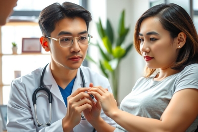This image portrays a healthcare professional, presumably a doctor or nurse based on the context, interacting with a patient. The individual is sitting and seems to be engaged in conversation or consultation.