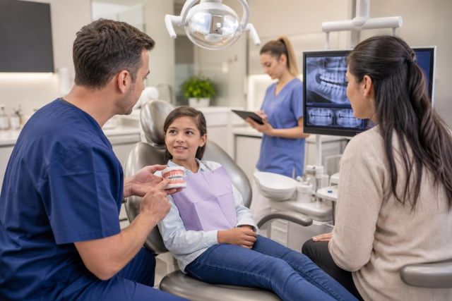Dentist explaining a pediatric dental treatment plan to a child patient and parent in clinic.