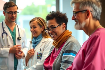 The image captures a warm and positive medical environment. In the center, a patient is surrounded by a group of healthcare professionals. They are all smiling, suggesting a pleasant interaction or perhaps a good diagnosis. 