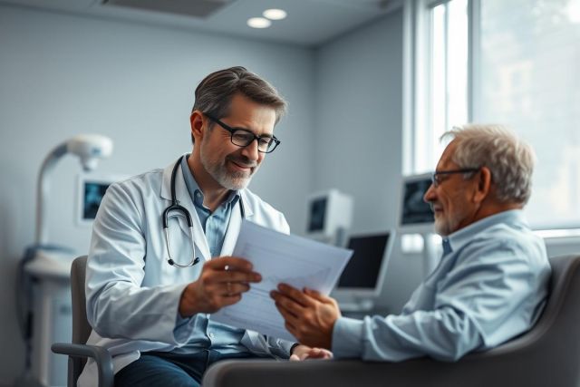 Doctor and elderly patient discussing medical documents in a bright, modern clinic. Healthcare consultation, medical examination, and patient care are key themes. Warm lighting and professional setting.