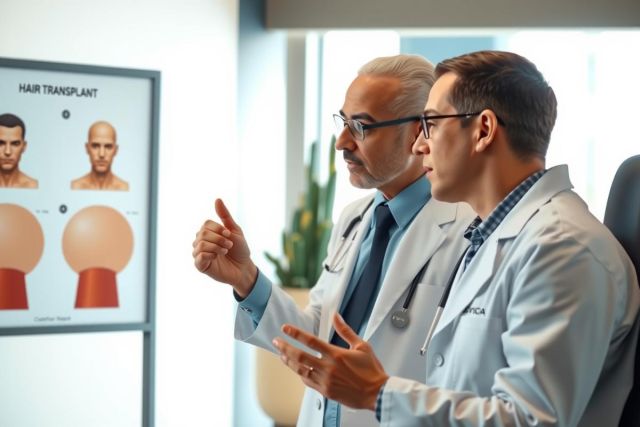 Two doctors in white coats discuss a hair transplant diagram in a modern office setting. Focus on medical consultation, hair restoration, and professional healthcare environment.