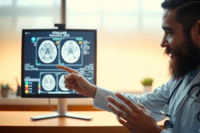 Doctor examining a brain scan on a computer screen. Focus on medical diagnosis, neurology, and healthcare technology. The image showcases a professional setting with a focus on precision and detail.