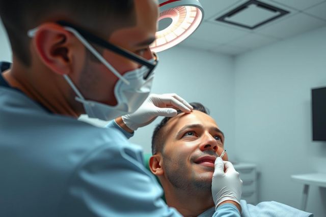 Medical professional in scrubs and mask examines a patient during a procedure. Close-up view in a brightly lit clinic setting. Focus on healthcare, examination, and medical care.
