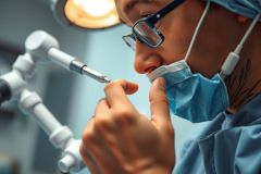 Surgeon wearing a mask and glasses, holding a surgical instrument in an operating room. Focus on precision and medical procedures.