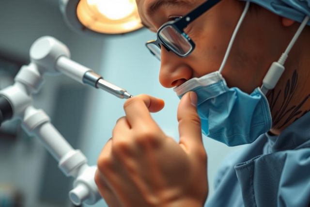 Surgeon wearing a mask and glasses, holding a surgical instrument in an operating room. Focus on precision and medical procedures.