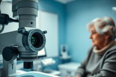 Close-up of a medical microscope in an eye exam setting. A senior woman with gray hair and glasses is softly blurred in the background, suggesting an eye checkup. Cool blue tones dominate the clinical environment, highlighting the medical equipment and patient care.