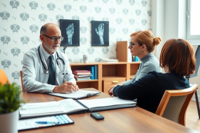 The image shows a doctor in a professional setting, consulting with two female patients. The doctor is seated behind a desk which holds medical records and other supplies. The room has a clinical ambiance with white walls decorated with framed medical certificates and skeletal models on display.