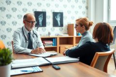 The image shows a doctor in a professional setting, consulting with two female patients. The doctor is seated behind a desk which holds medical records and other supplies. The room has a clinical ambiance with white walls decorated with framed medical certificates and skeletal models on display.
