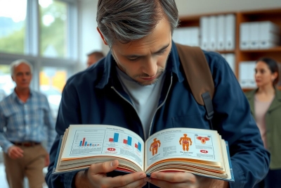 The image shows a man deeply engrossed in reading a book. He is holding the open book with both hands, appearing to be focused on its content. The setting appears to be an office or library environment, as there are books and files visible in the background.