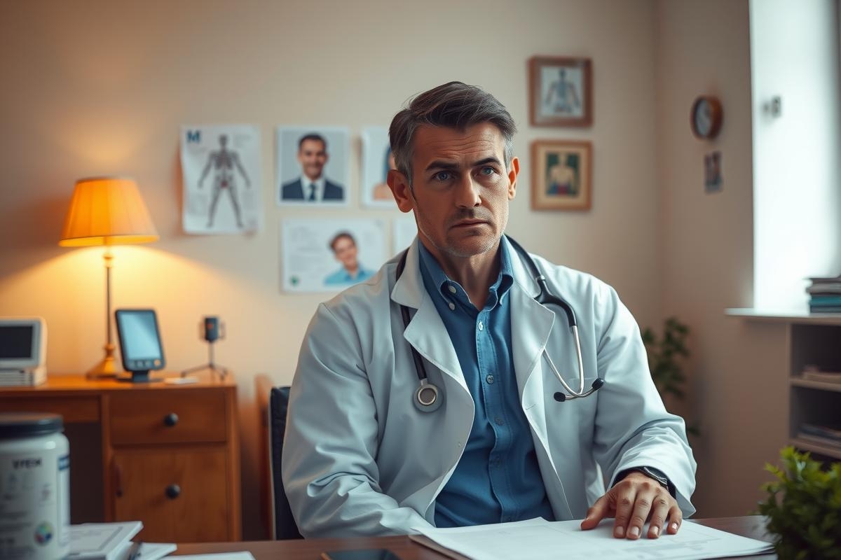 The image shows a middle-aged man dressed in a white lab coat, suggesting he is a doctor or medical professional. He appears to be sitting at a desk with various items on it, including books and what looks like a notebook. His posture and expression indicate a serious or contemplative demeanor. The setting seems to be an office environment.