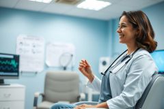 A smiling female doctor in a light blue medical office setting. She wears a stethoscope and lab coat, appearing to be discussing patient care. The room features charts and medical equipment, conveying a healthcare environment. Professional, medical, doctor, clinic.