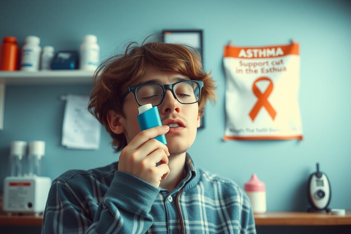 In the image, a young man with short brown hair is seen inside what appears to be an office or medical setting. He is holding a small inhaler device close to his mouth and nose, seemingly using it. The man is wearing a blue plaid jacket over a light-colored shirt, suggesting he might be feeling cold or experiencing some form of respiratory distress that necessitates the use of an inhaler. On the wall behind him, there's a poster with information about asthma and support resources for patients with lung diseases such as chronic obstructive pulmonary disease (COPD). The setting is indoors, with a simple desk containing various items like bottles, papers, and a cell phone. The colors in the image are muted with a predominance of shades of blue from the man's jacket to the background wall.