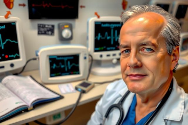 The image shows a male doctor in an intensive care unit setting. He is wearing surgical attire, including a cap and stethoscope around his neck. The environment is clinical with medical equipment and monitors displaying heart rate and other vital signs. 
