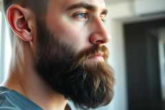 Close-up portrait of a man with a full, dark beard and striking blue eyes. The image features a side profile against a blurred, bright background, highlighting facial hair and thoughtful expression. Focus on masculinity and grooming.