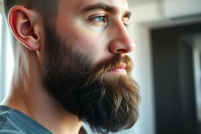 Close-up portrait of a man with a full, dark beard and striking blue eyes. The image features a side profile against a blurred, bright background, highlighting facial hair and thoughtful expression. Focus on masculinity and grooming.