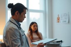 Doctor reviewing patient records in a clinic. A healthcare professional in a white coat examines a chart while a patient sits nearby. Medical environment with a body chart visible in the background.