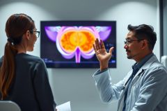 Doctor discussing medical scan results with a patient. Brain MRI displayed on screen. Healthcare professional in white coat, diagnostic imaging, medical consultation.