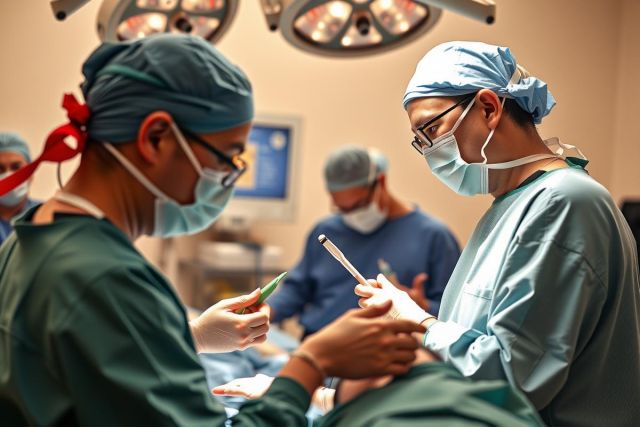 In the image, a team of medical professionals are performing surgery in an operating room. They are dressed in sterile attire and wearing masks for hygiene purposes. The surgeons are focused on their task, indicating a high level of concentration and skill.