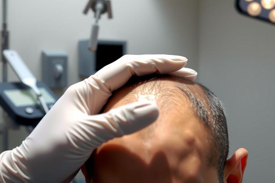 Close-up of a medical examination. A gloved hand gently touches a person's head, likely during a dermatology or neurological check. The background shows medical equipment and a clinical environment.