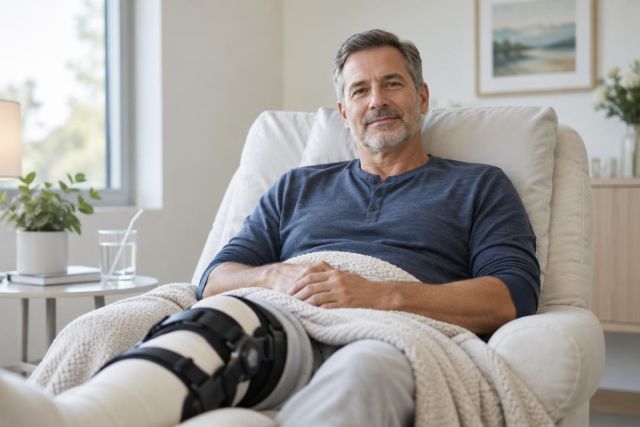Middle-aged man resting at home with knee brace, suggesting postoperative knee replacement recovery.