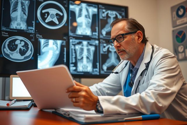 The image shows a medical professional, possibly a radiologist or a doctor, seated at a desk with computer monitors displaying medical images. He is focused on a piece of paperwork he holds in his hands while looking directly at the camera. The individual has glasses and appears to be wearing a lab coat, indicating a professional role. The setting seems to be an office or clinic environment, with white walls and artificial lighting.