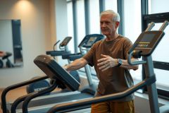 The image shows a man in the gym using an exercise machine. He is dressed casually and seems to be in the middle of his workout routine. The gym has modern equipment with mirrors reflecting part of the space, suggesting it's well-equipped for various types of exercises.