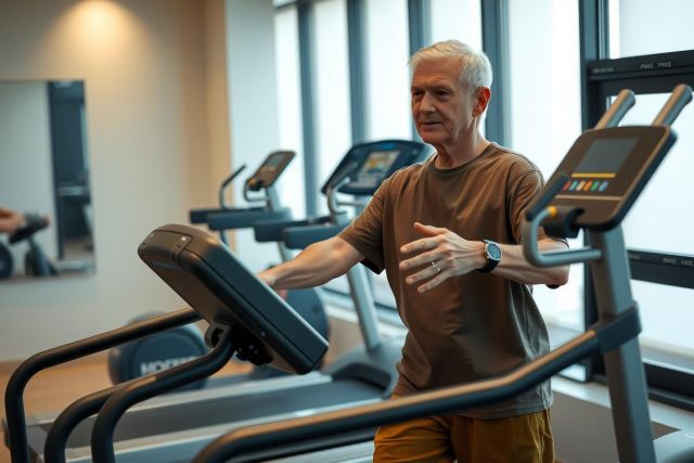 The image shows a man in the gym using an exercise machine. He is dressed casually and seems to be in the middle of his workout routine. The gym has modern equipment with mirrors reflecting part of the space, suggesting it's well-equipped for various types of exercises.
