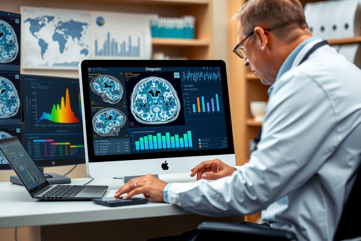 The image depicts a medical professional in an office environment, seated at a desk with multiple monitors displaying various types of data. The central focus appears to be on brain imaging and analysis.