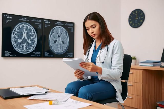 The image depicts a female medical professional, likely a neurologist, in her office. She is seated at a desk with a laptop and a radiologist report on it. The room has medical equipment such as an MRI machine on the wall behind her, suggesting a specialized environment for analyzing brain scans.