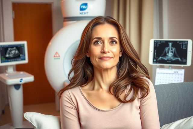 A woman is sitting in a medical imaging room. She appears to be having an MRI scan, indicated by the large and sleek piece of equipment behind her. The room has a sterile appearance with light gray walls and flooring. On the right side of the image, there is additional medical equipment including a ventilator machine, a vital signs monitor, and what appears to be a mobile x-ray unit.