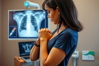 A woman wearing a blue shirt and standing in front of an X-ray machine is looking at the X-ray. The X-ray shows the skeleton of a baby. There are also a laptop and a syringe visible in the scene.