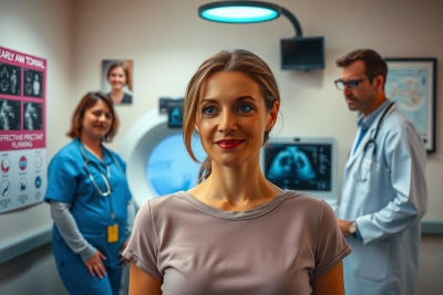 The image is a promotional or conceptual photograph for medical content. In the center, there's a woman in a purple shirt smiling at the camera. She appears to be at ease. Flanking her are two medical professionals: on the right is a male physician with a stethoscope around his neck, and on the left is a female nurse wearing scrubs. Behind them, there's a wall displaying medical posters and diagrams, reinforcing the hospital setting. The lighting is bright, creating an atmosphere of professionalism and care.