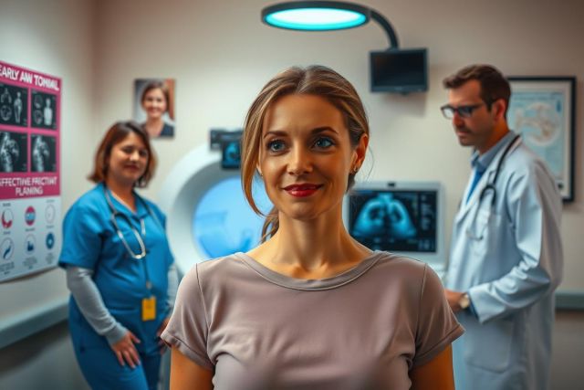 The image is a promotional or conceptual photograph for medical content. In the center, there's a woman in a purple shirt smiling at the camera. She appears to be at ease. Flanking her are two medical professionals: on the right is a male physician with a stethoscope around his neck, and on the left is a female nurse wearing scrubs. Behind them, there's a wall displaying medical posters and diagrams, reinforcing the hospital setting. The lighting is bright, creating an atmosphere of professionalism and care.