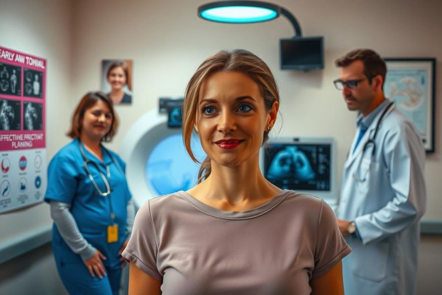 The image is a promotional or conceptual photograph for medical content. In the center, there's a woman in a purple shirt smiling at the camera. She appears to be at ease. Flanking her are two medical professionals: on the right is a male physician with a stethoscope around his neck, and on the left is a female nurse wearing scrubs. Behind them, there's a wall displaying medical posters and diagrams, reinforcing the hospital setting. The lighting is bright, creating an atmosphere of professionalism and care.