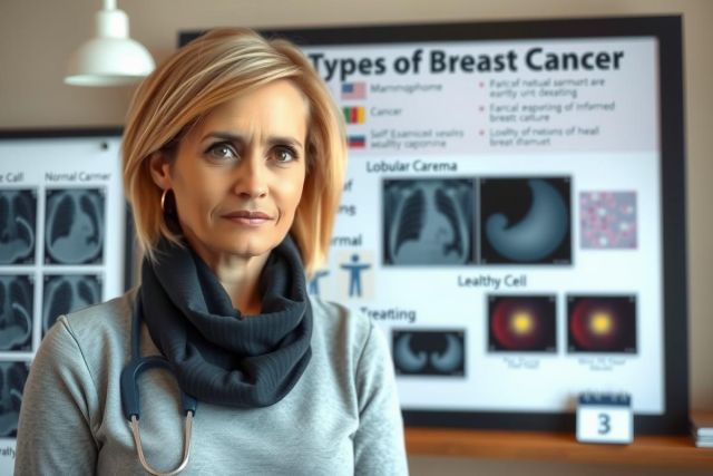 In the image, a woman is standing in front of an educational presentation about breast cancer. She appears to be a medical professional, given her attire and stance. The presentation includes diagrams and images related to breast health and cancer detection, such as mammograms and X-rays. There's a title at the top that reads 'Types of Breast Cancer'. The environment suggests an educational setting, possibly in a medical or research facility.
