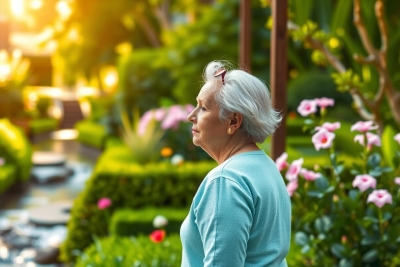 The image features a senior woman standing in front of a beautifully maintained garden. She is wearing light blue clothing and her hair appears white, suggesting she may be elderly. The garden has a variety of flowers and plants, with pink blooms being particularly noticeable. There's a small fountain in the background and the sunlight casts shadows on the ground. The setting seems to be an outdoor area with well-kept landscaping during daytime.