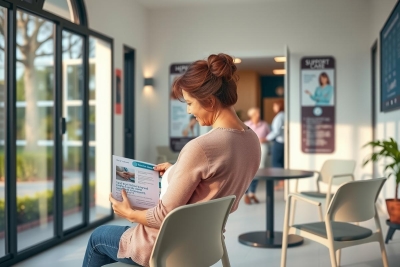 The image shows a woman sitting in an indoor waiting area, engrossed in reading a book or brochure. The environment suggests it could be a healthcare provider's lobby given the professional and calm ambiance with chairs and a reception desk visible. The colors are neutral with pastel tones creating a relaxed atmosphere.