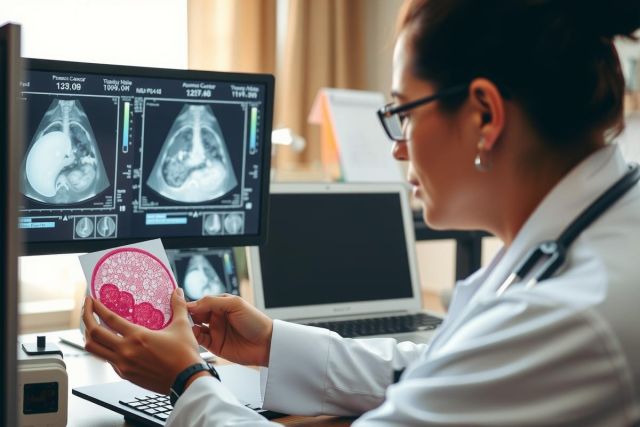 This image depicts a female radiologist in her work environment, focusing on medical imaging. She is holding up a mammogram with the cancerous tumor clearly visible, showing signs of metastasis indicated by the pink and white speckled pattern on the scan. In front of her are multiple computer monitors displaying various medical images, suggesting she is in a radiology center. The environment suggests professionalism and focus on patient health. Her attire indicates a medical profession, likely working in breast imaging given the context.