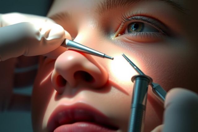 A woman having a medical procedure involving her eye. She is undergoing laser treatment with precision instruments used by a surgeon or optician.